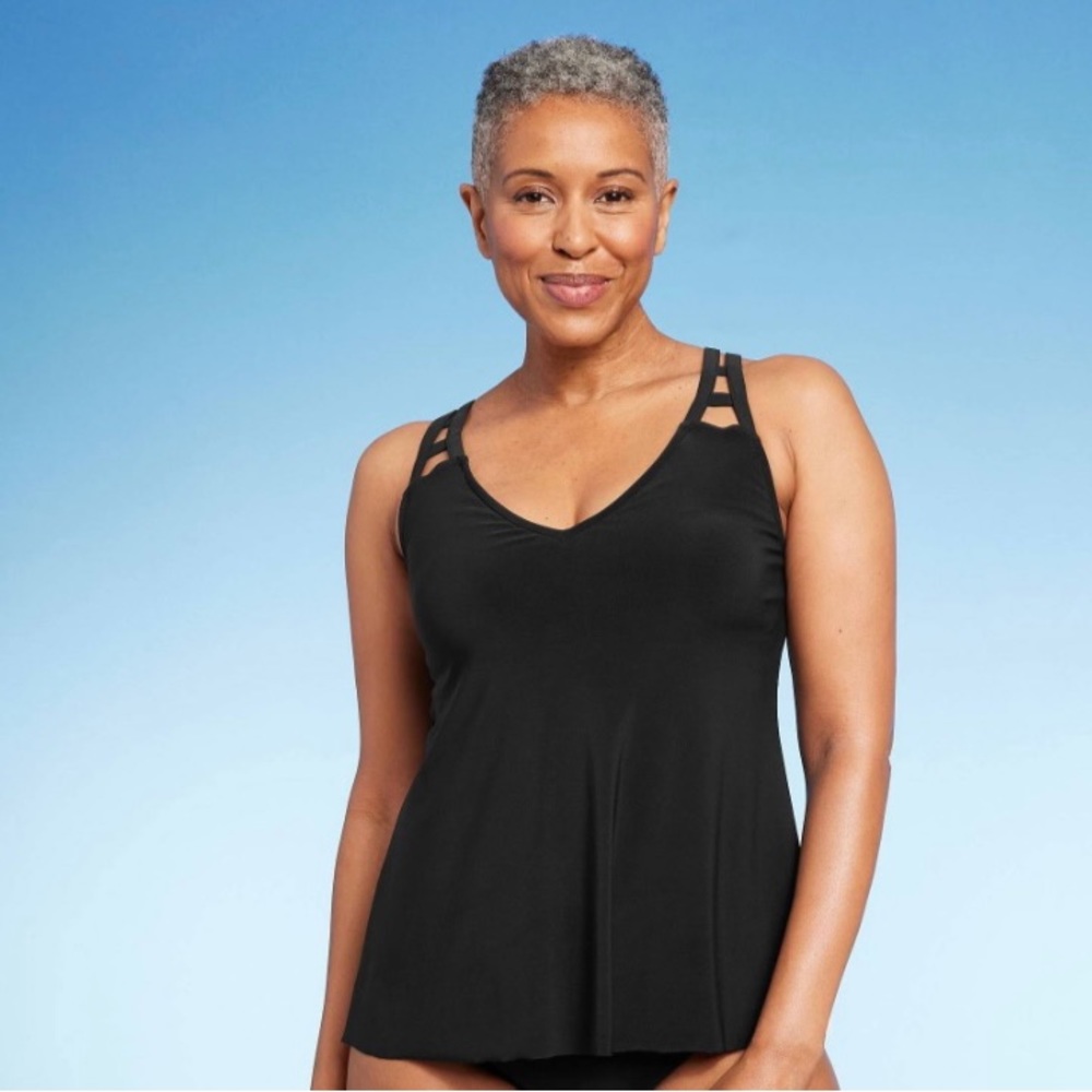 Black Cut Out Strap Tankini Swim Top With Padded